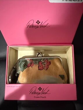 Patricia Nash Tan Leather Frame Pouch with Pink Floral Accents